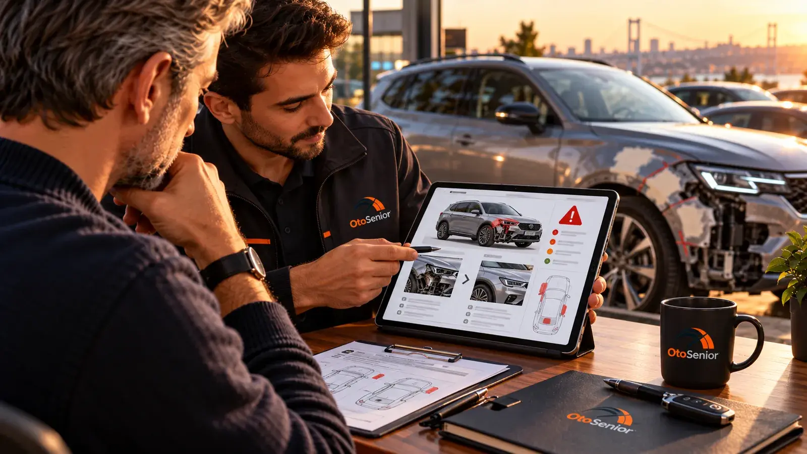 Tablette hasarlı otomobilin uyarı simgeli kaydını gösteren danışman, arkada ön tarafı hasarlı otomobil