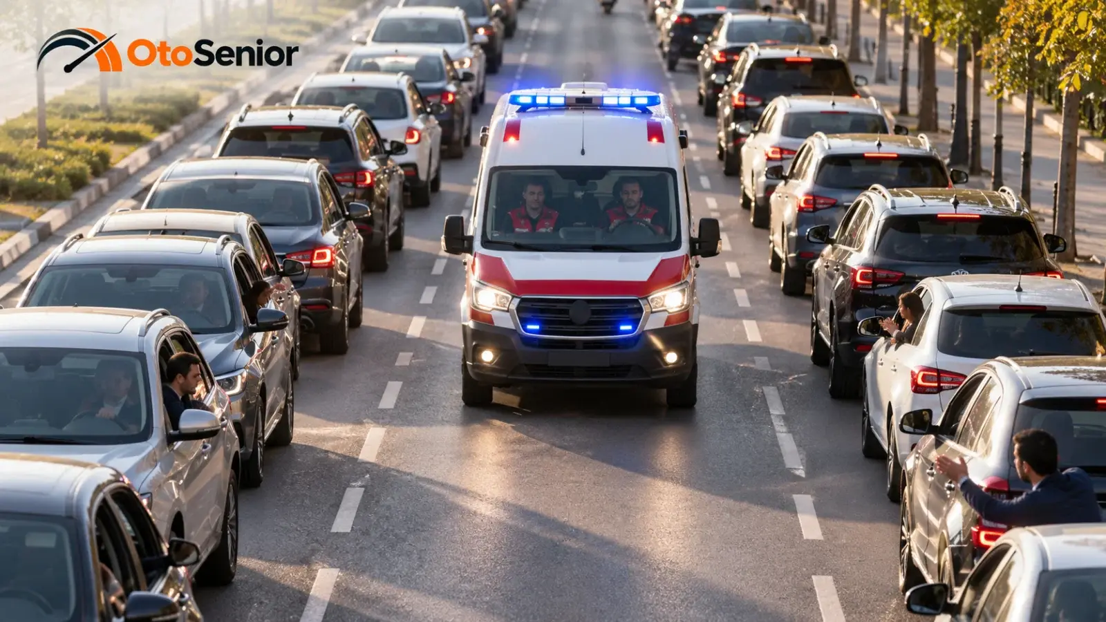 Yoğun trafikte sağa çekilen araçların arasından ilerleyen tepe lambaları yanan ambulans