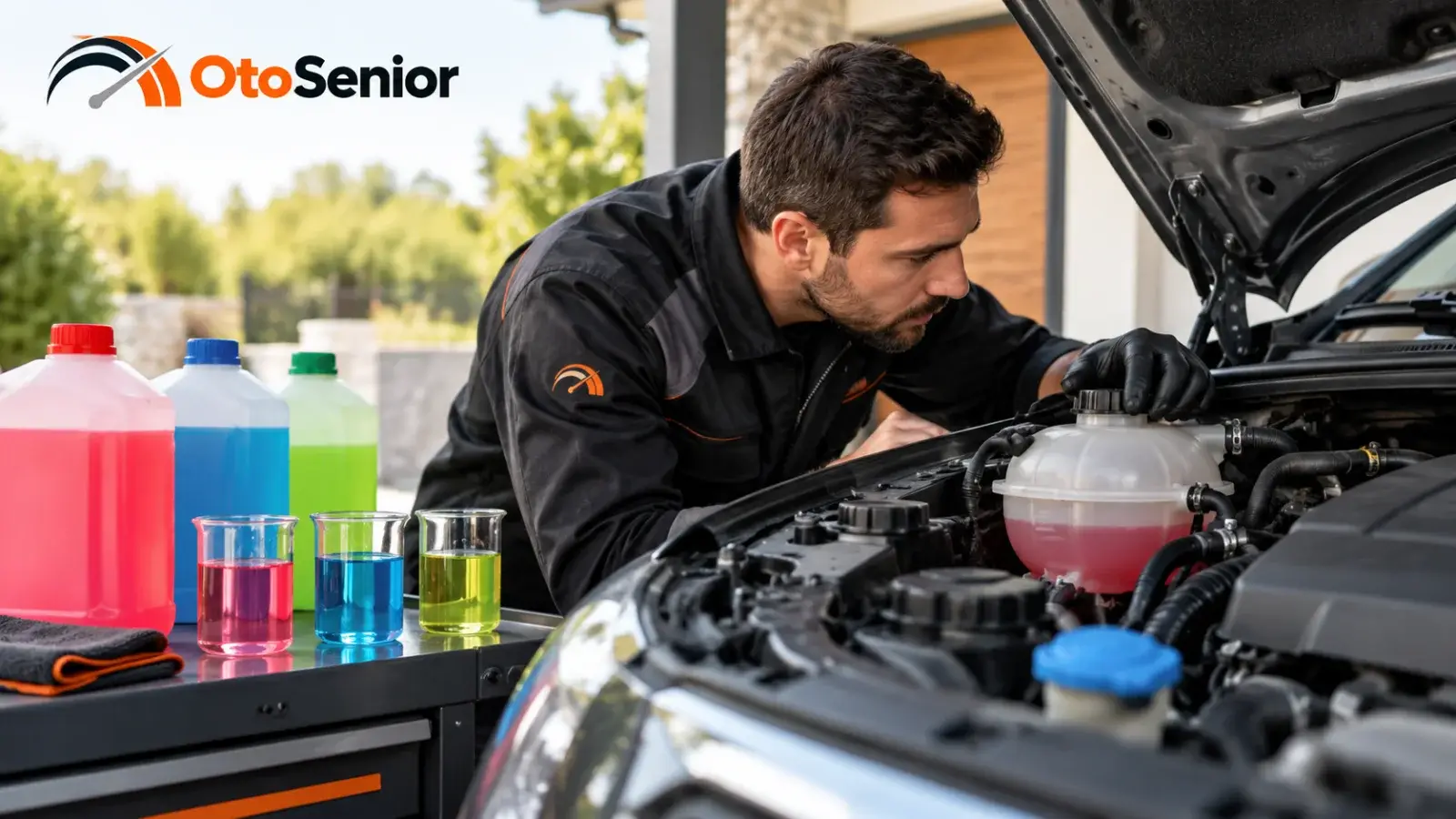 Kaputu açık otomobilin yanında renkli antifriz şişelerini inceleyen teknisyen