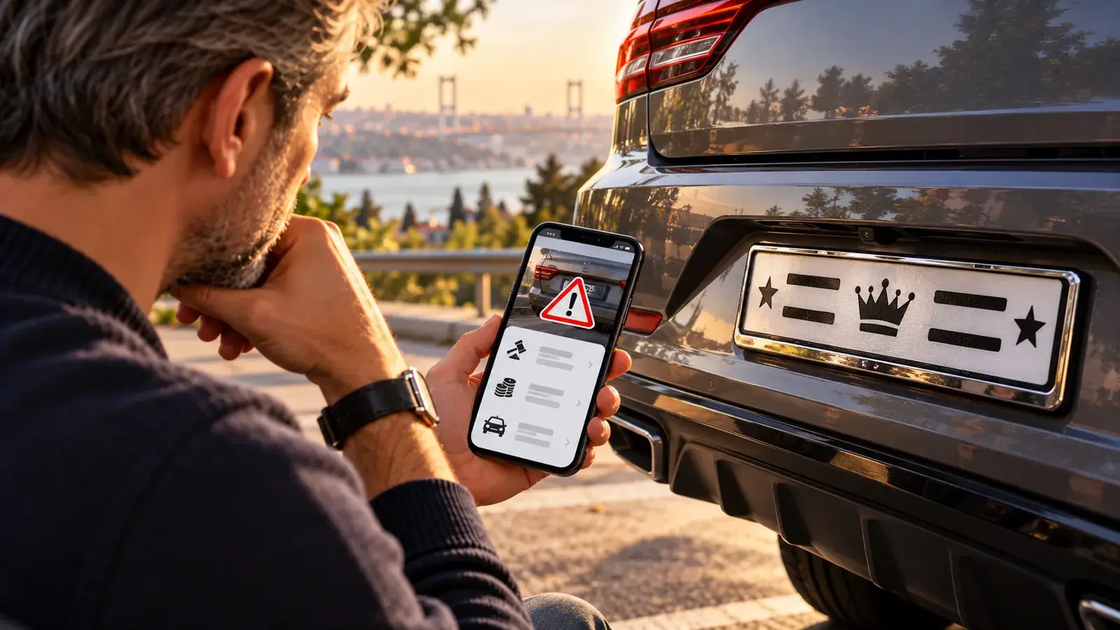 Standart dışı süslü plaka takılmış otomobilin arkasında, telefonunda uyarı ekranına bakan adam