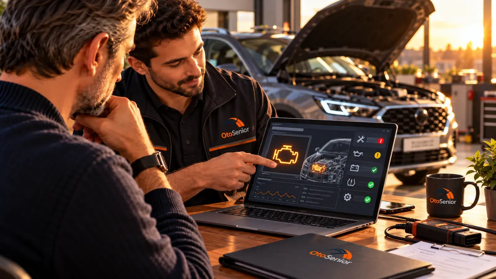 Dizüstü ekranında motor arıza lambası ve gösterge ikonlarını müşteriye anlatan servis danışmanı