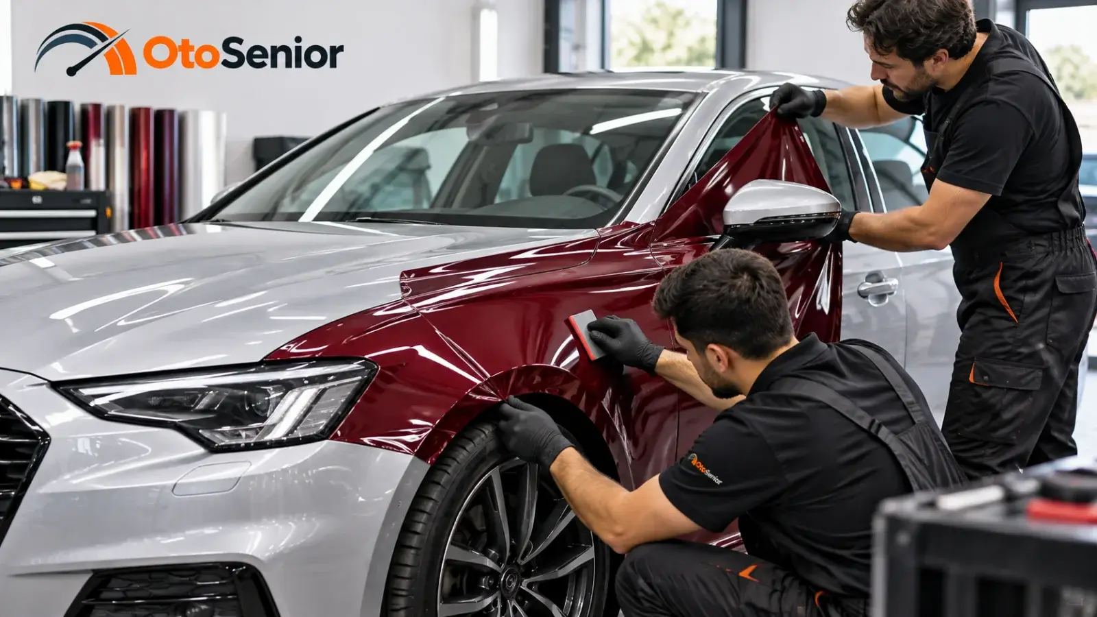 Atölyede bordo otomobilin kapısına folyo kaplayan iki usta