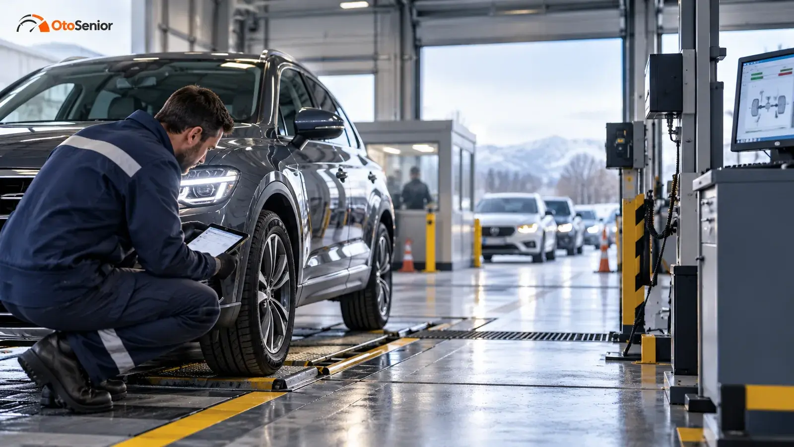 Araç muayene istasyonunda otomobili kontrol eden teknisyen