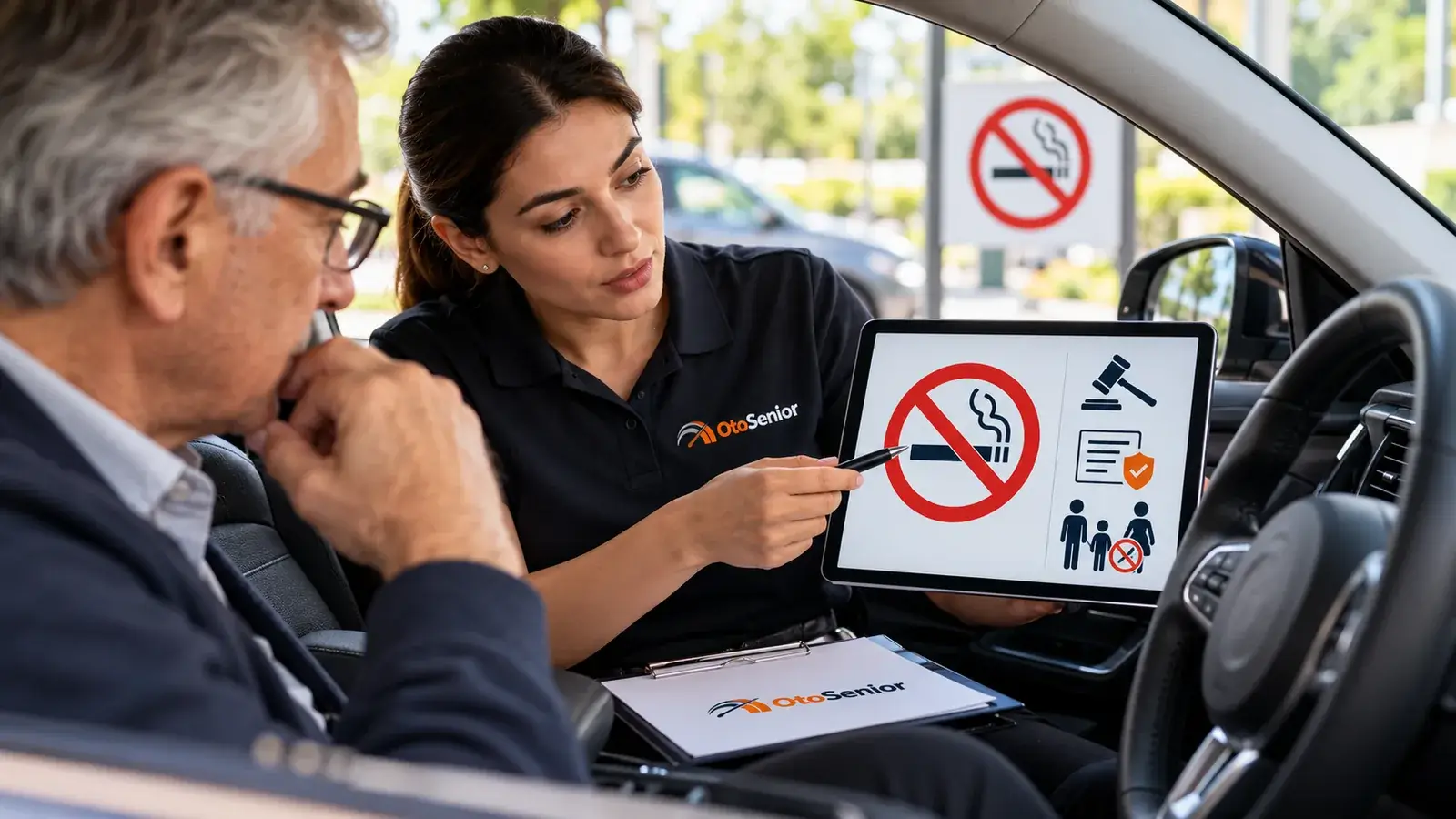 Otomobilin içinde tablette sigara yasağı simgesini gösteren danışman ve direksiyon başındaki sürücü