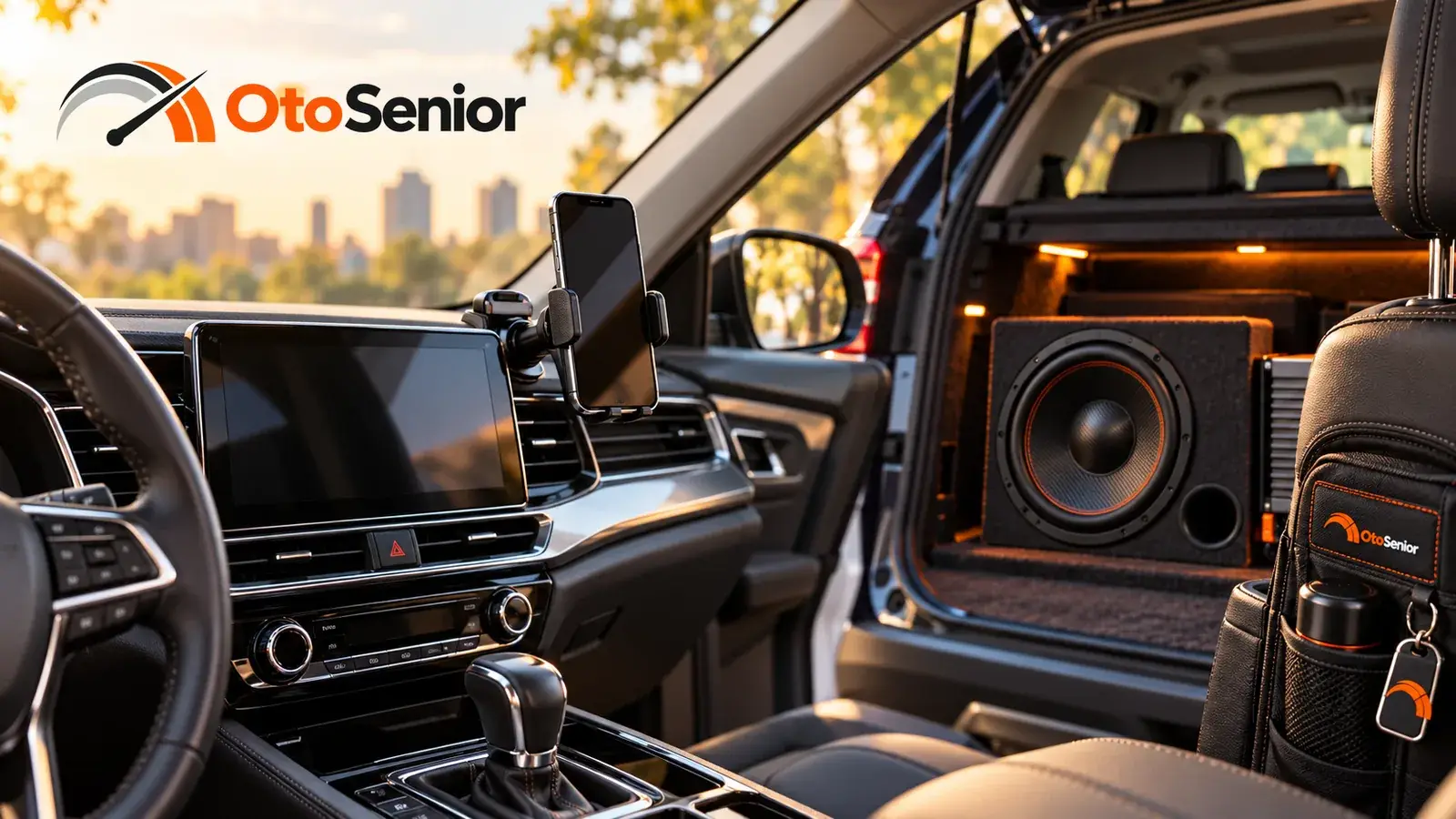 Otomobil içinde orta ekran ve telefon tutucu, bagajda subwoofer ve amfi