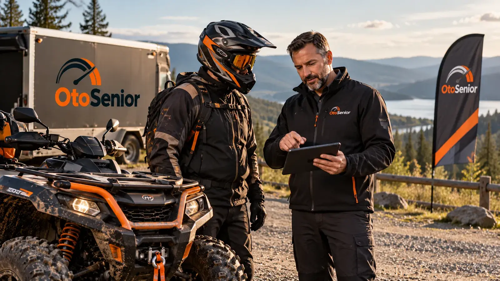 Doğada ATV'nin yanında kasklı sürücüyle tablet üzerinden konuşan eğitmen
