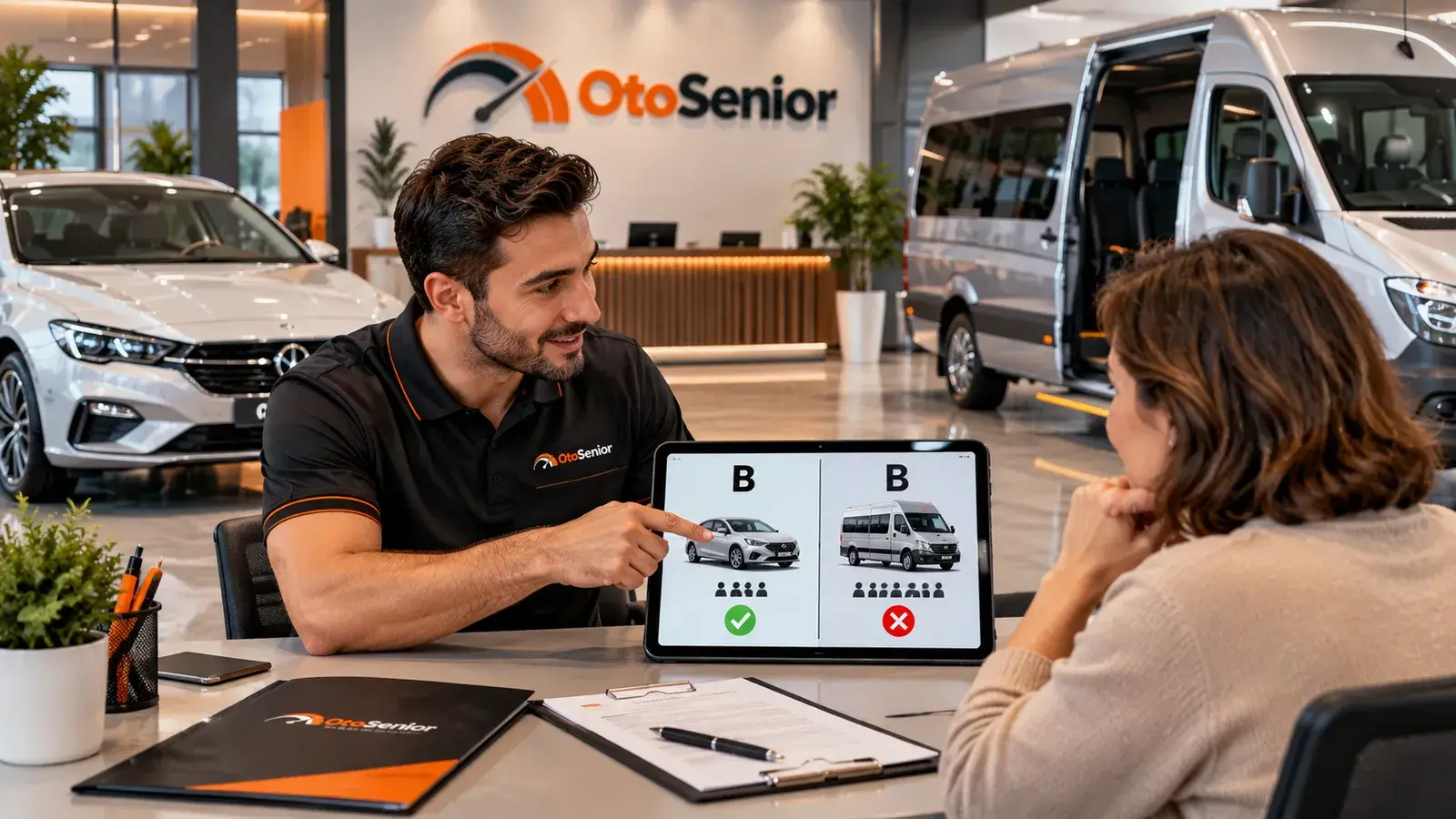 Masada tablette B sınıfı ehliyetle otomobil ve minibüs farkını müşteriye anlatan danışman, arkada minibüs