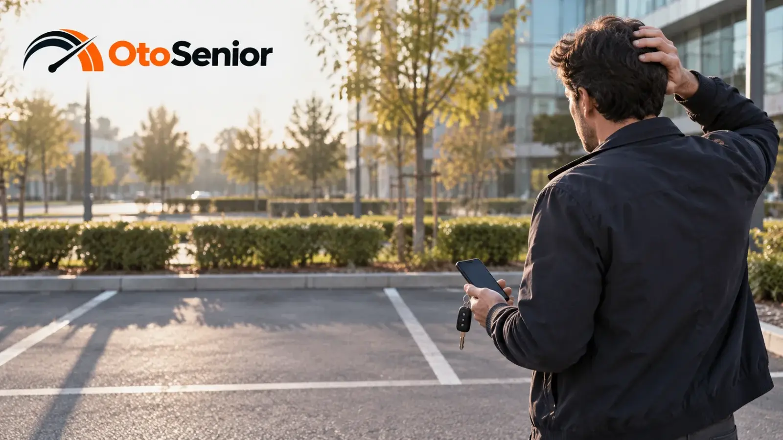 Boş park yerinde telefonu elinde başını tutan adam