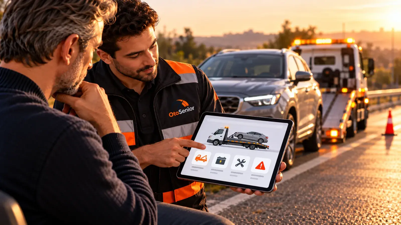 Yol kenarında çekiciye yüklenen otomobil ve tablette çekme hizmetini gösteren görevli