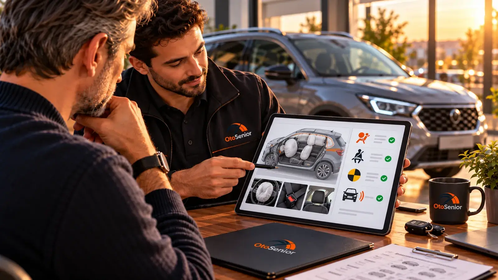 Tablette otomobilin hava yastıklarını ve emniyet kemeri donanımını gösteren güvenlik ekranı