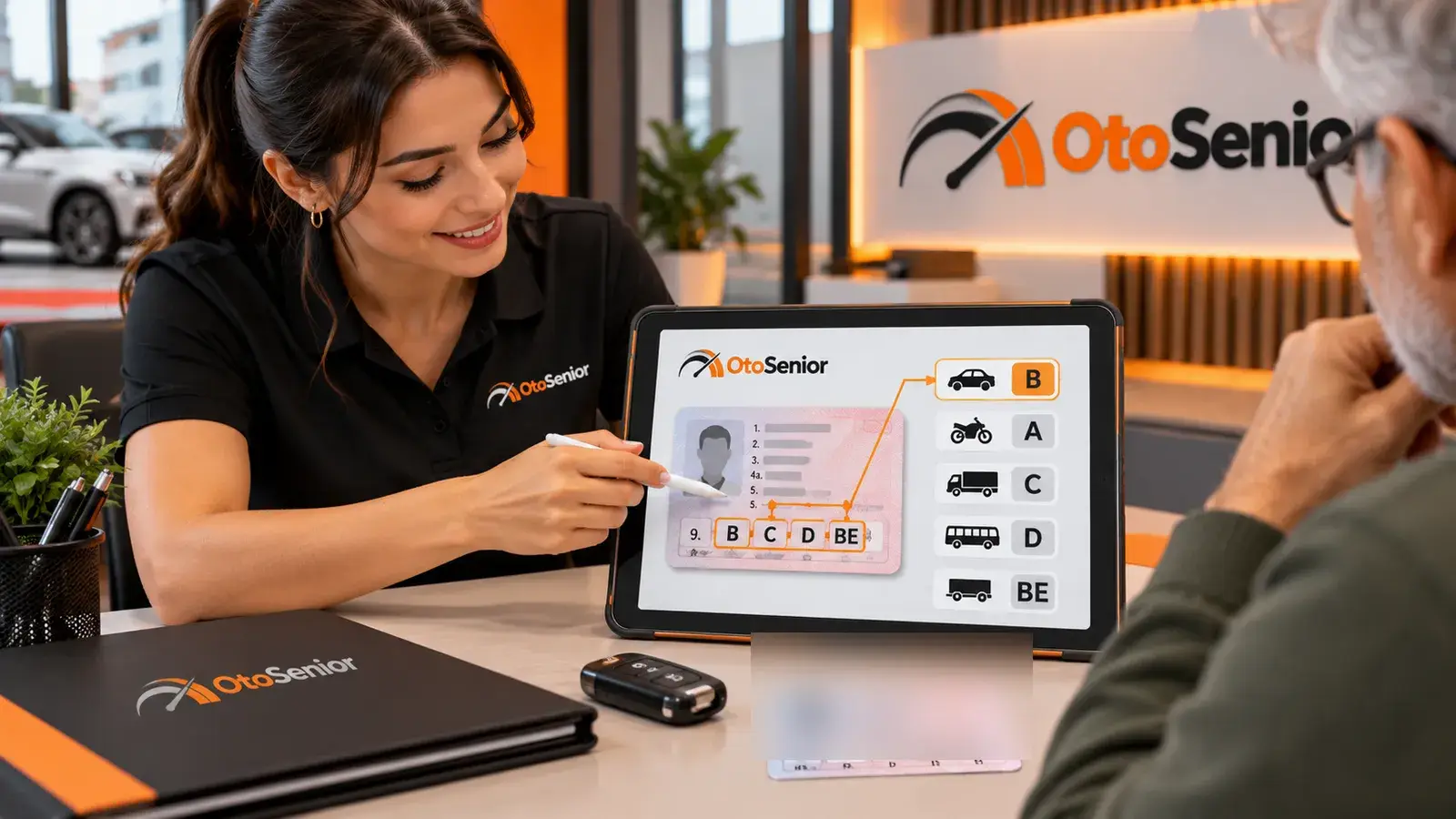Tablette ehliyet sınıf harflerini ve araç türlerini müşteriye gösteren danışman