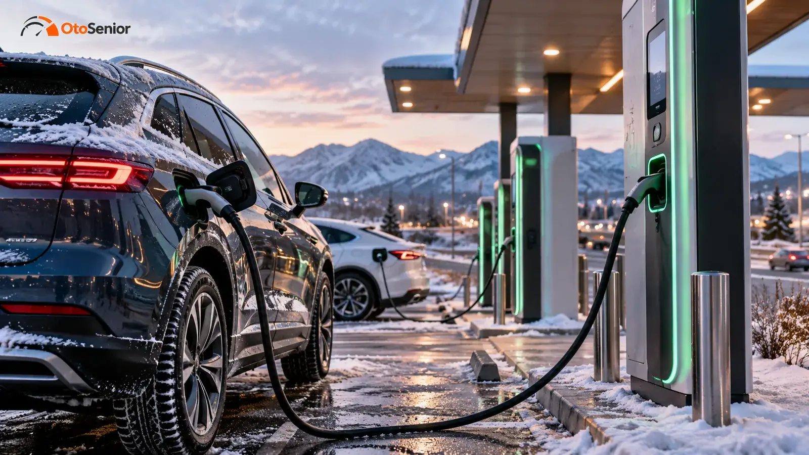 Karlı bir şarj istasyonunda şarj kablosu takılı elektrikli otomobil