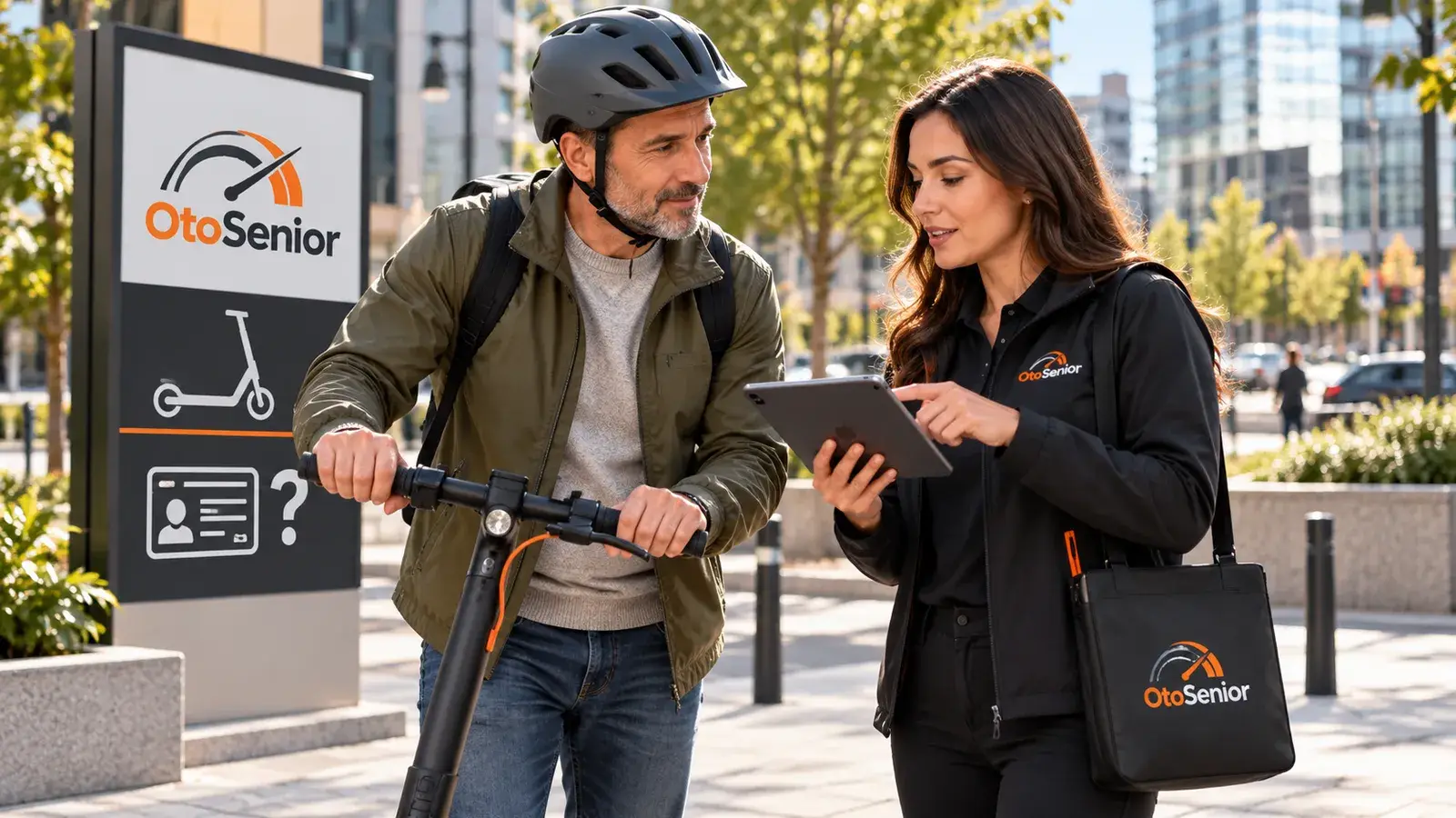 Kasklı elektrikli scooter kullanıcısına tablette kuralları gösteren danışman