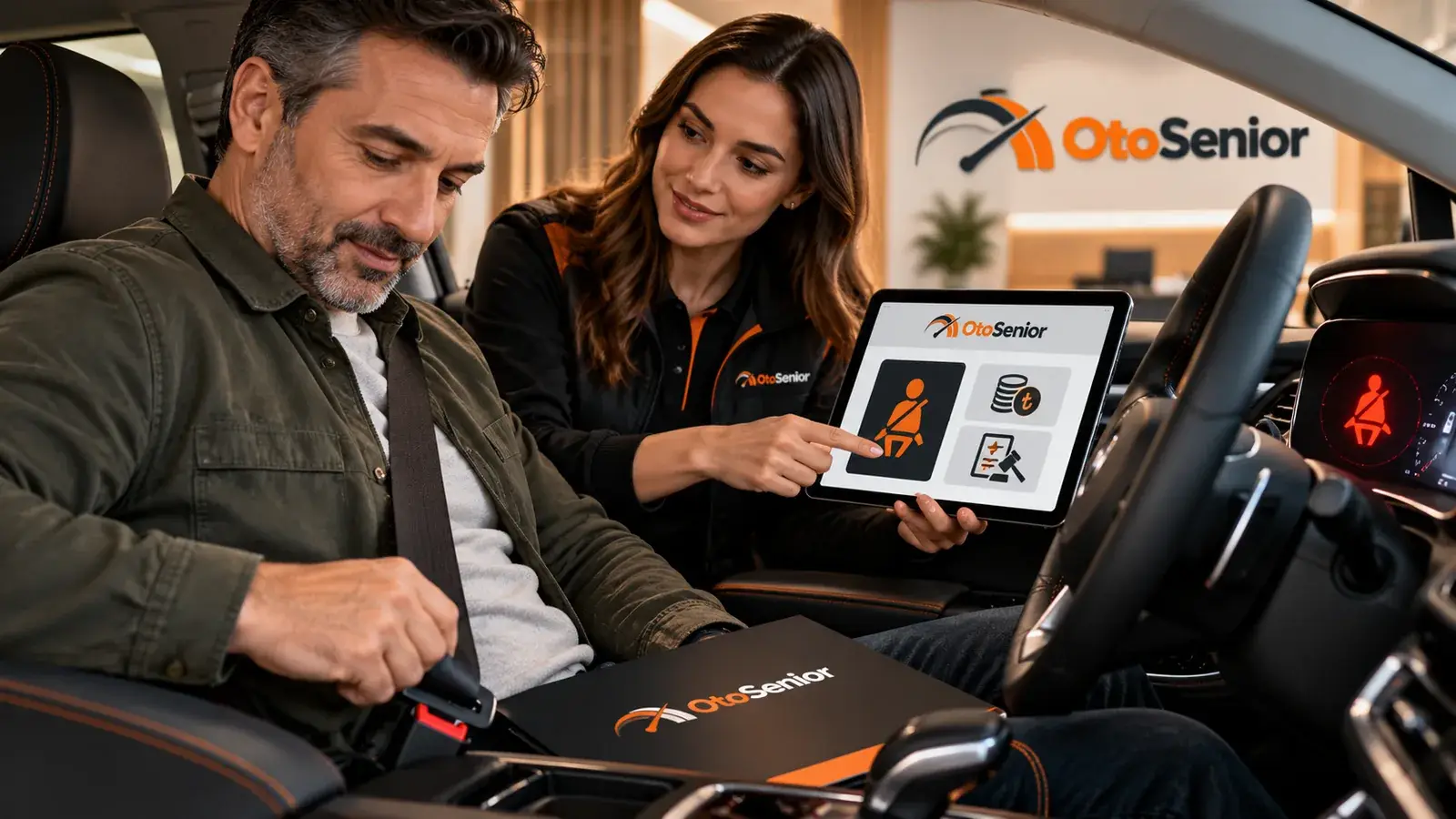 Otomobilde emniyet kemerini takan sürücü ve tablette kemer uyarı simgesini gösteren danışman