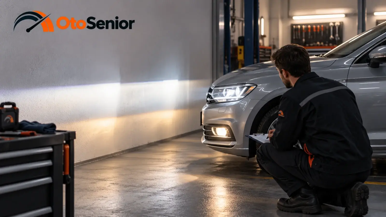 Atölyede otomobilin far ışığını kontrol eden teknisyen