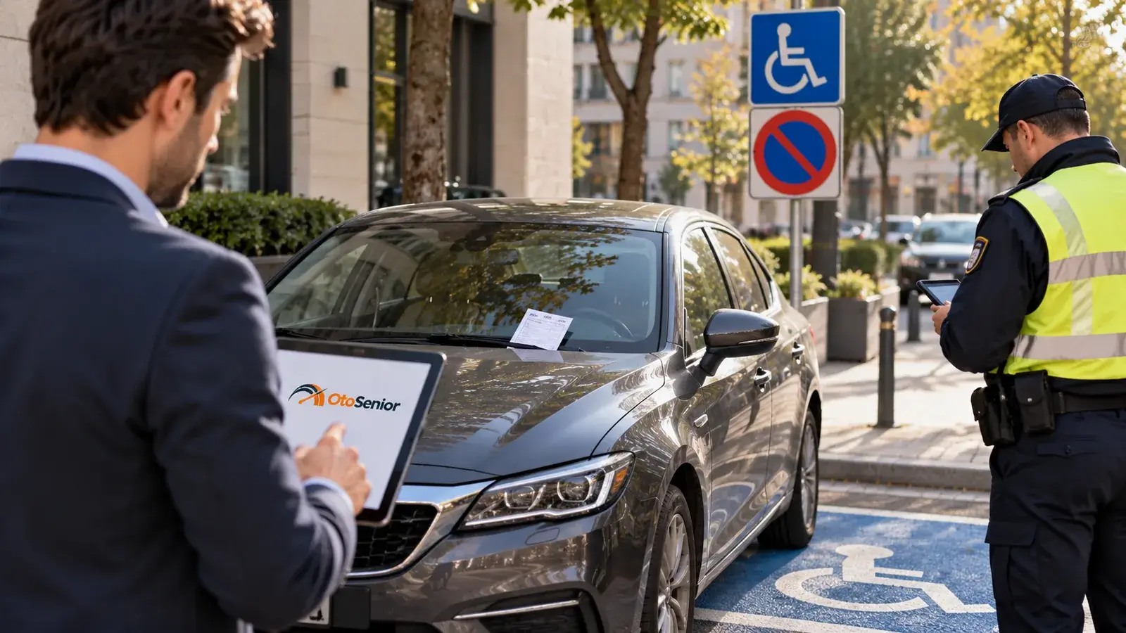 Engelli park yerine park etmiş otomobil, ön camında ceza tutanağı ve yanında trafik görevlisi