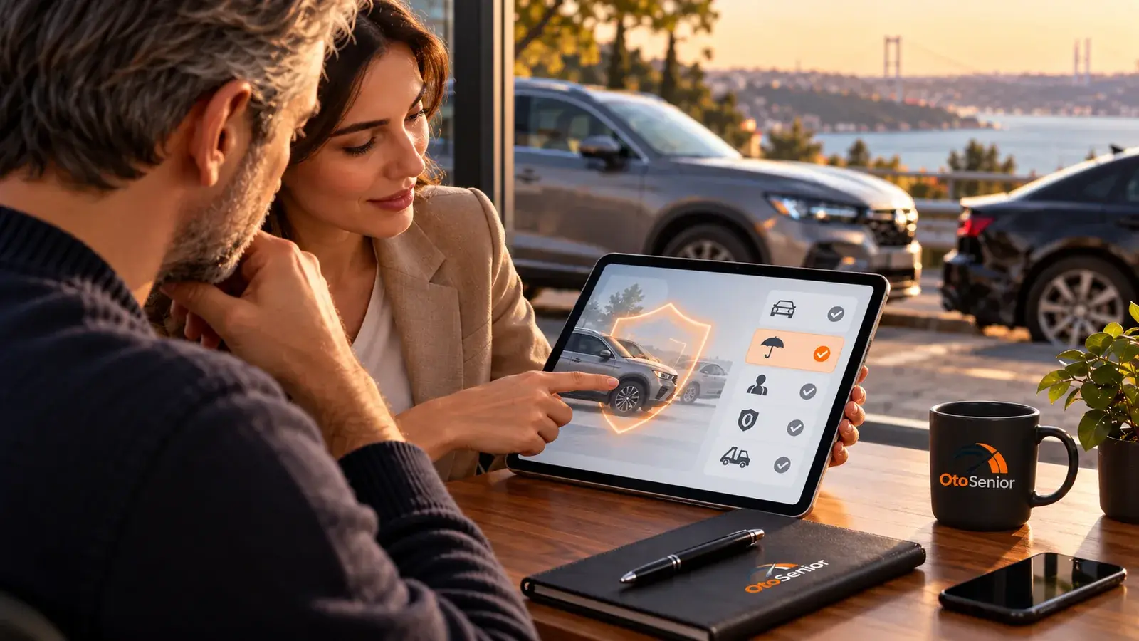 Tablette kalkan simgeli sigorta seçeneklerini inceleyen bir çift, arkada park halinde otomobiller