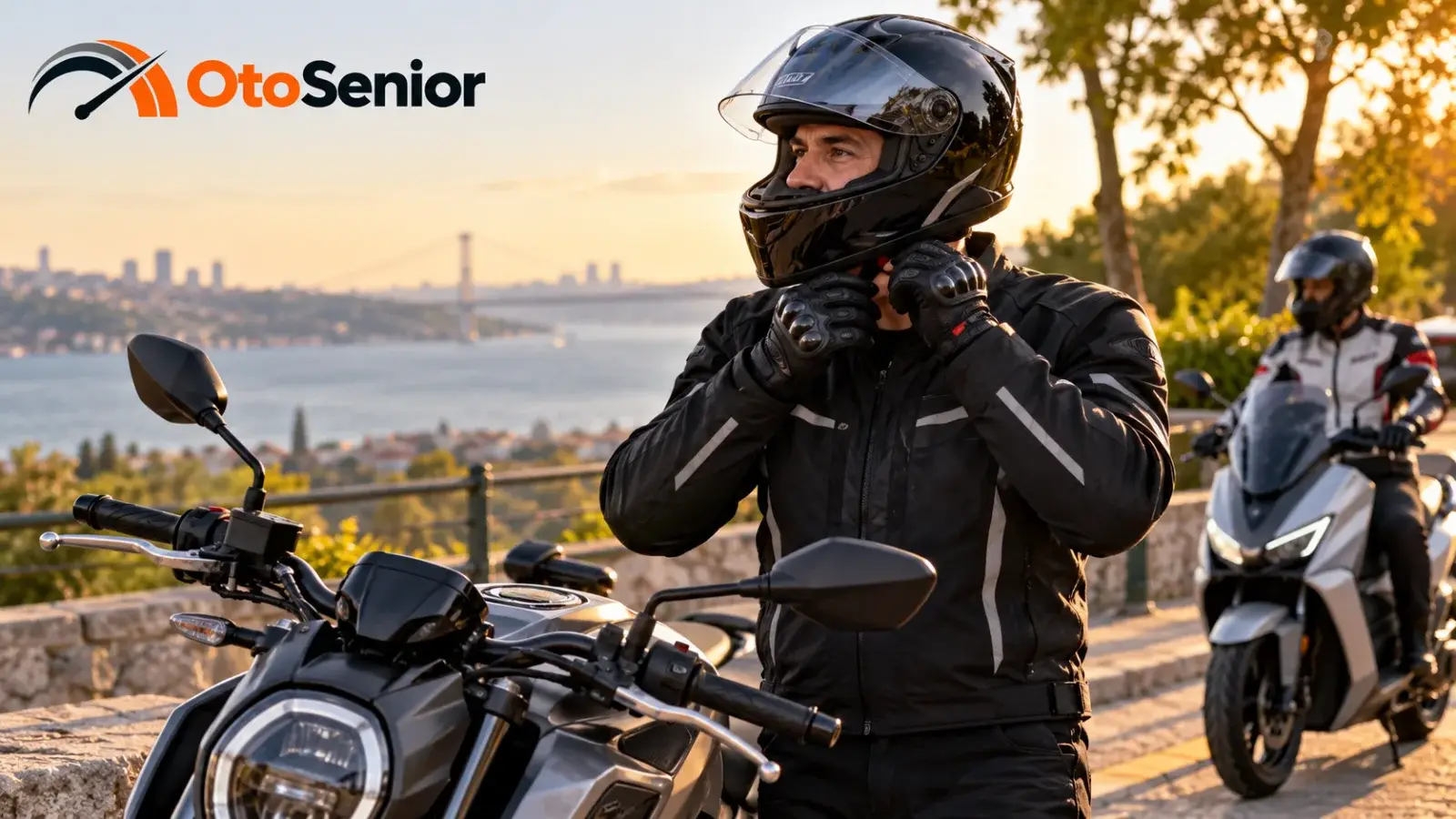 Motosikletinin yanında kaskını takan sürücü, arkada scooter kullanan başka bir sürücü