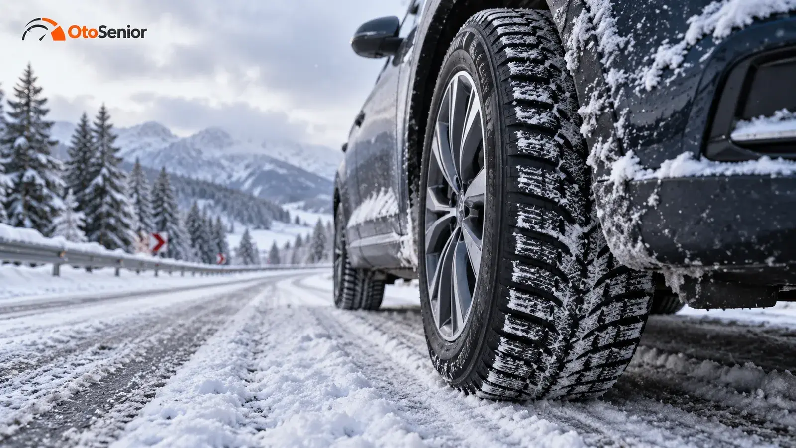 Karlı yolda kış lastiği takılı bir otomobilin tekerleği