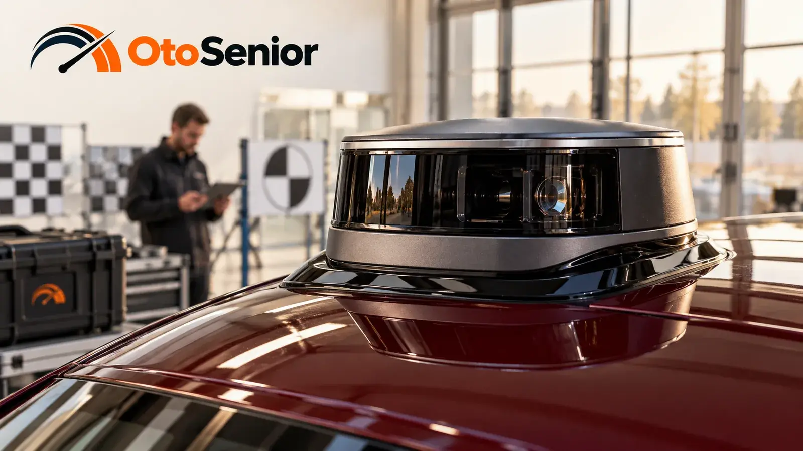 Bordo otomobilin tavanındaki lidar algılayıcısının yakın planı, arkada kalibrasyon panoları ve tablet tutan teknisyen
