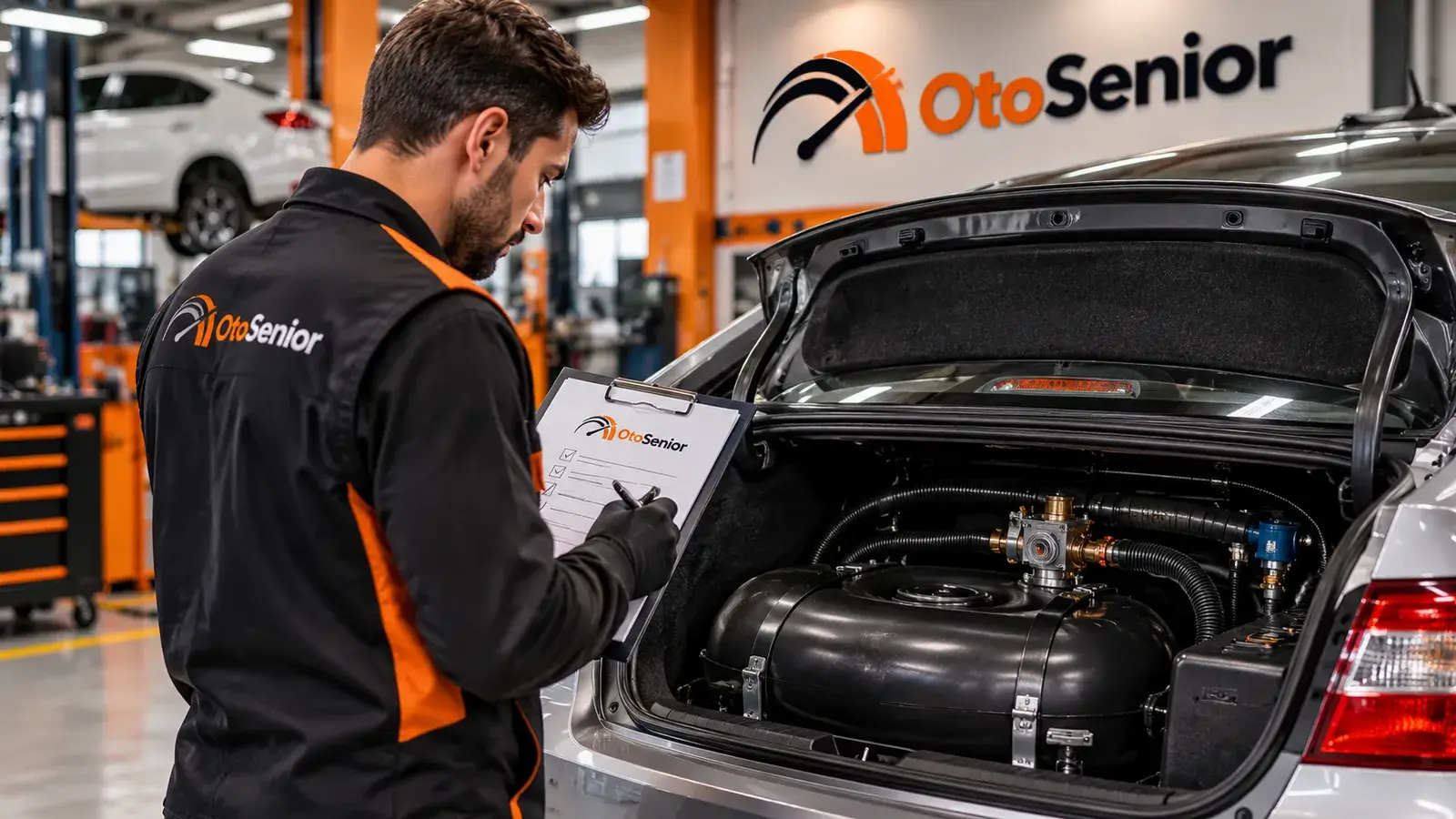 Bagajdaki LPG tankını ve bağlantılarını kontrol listesiyle inceleyen teknisyen
