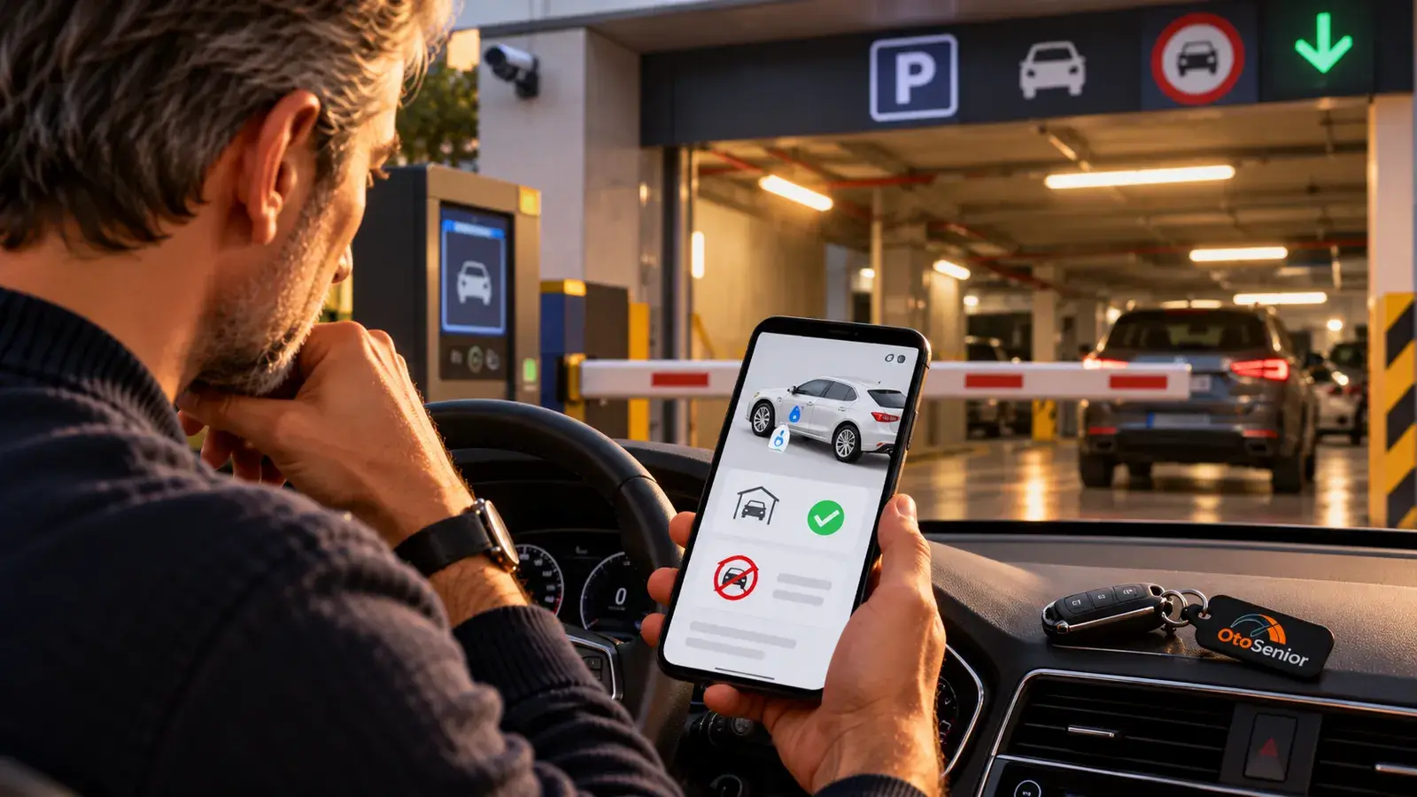 Kapalı otopark girişinde direksiyon başındaki sürücünün telefonunda LPG'li araç giriş bilgisi
