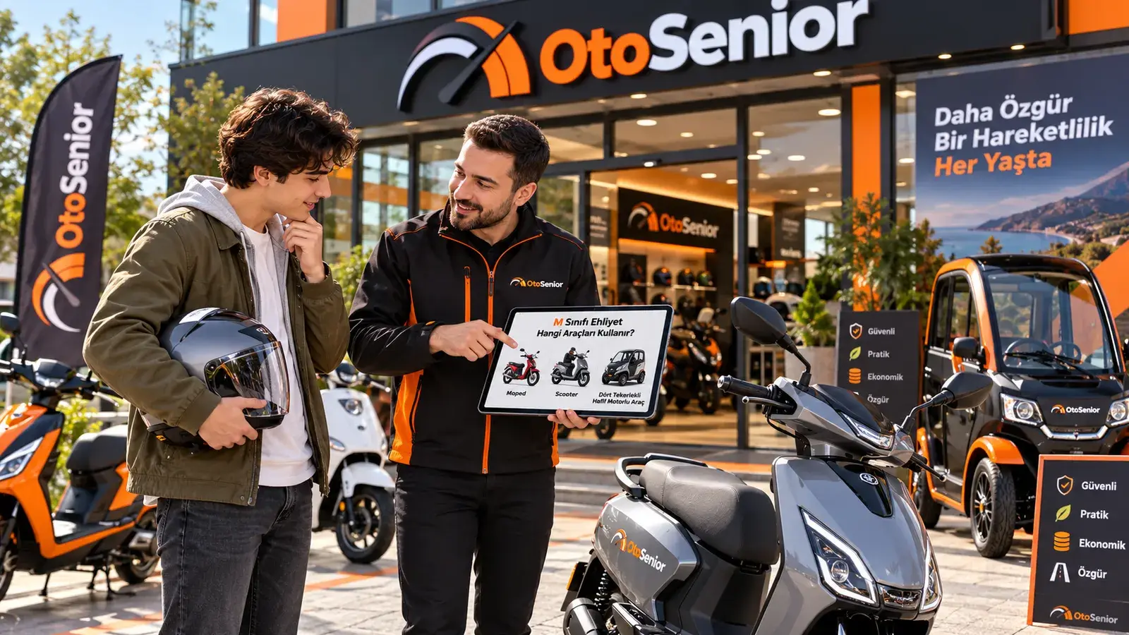 Mağaza önünde kask tutan gence tablette M sınıfı ehliyetle kullanılabilen araçları gösteren danışman