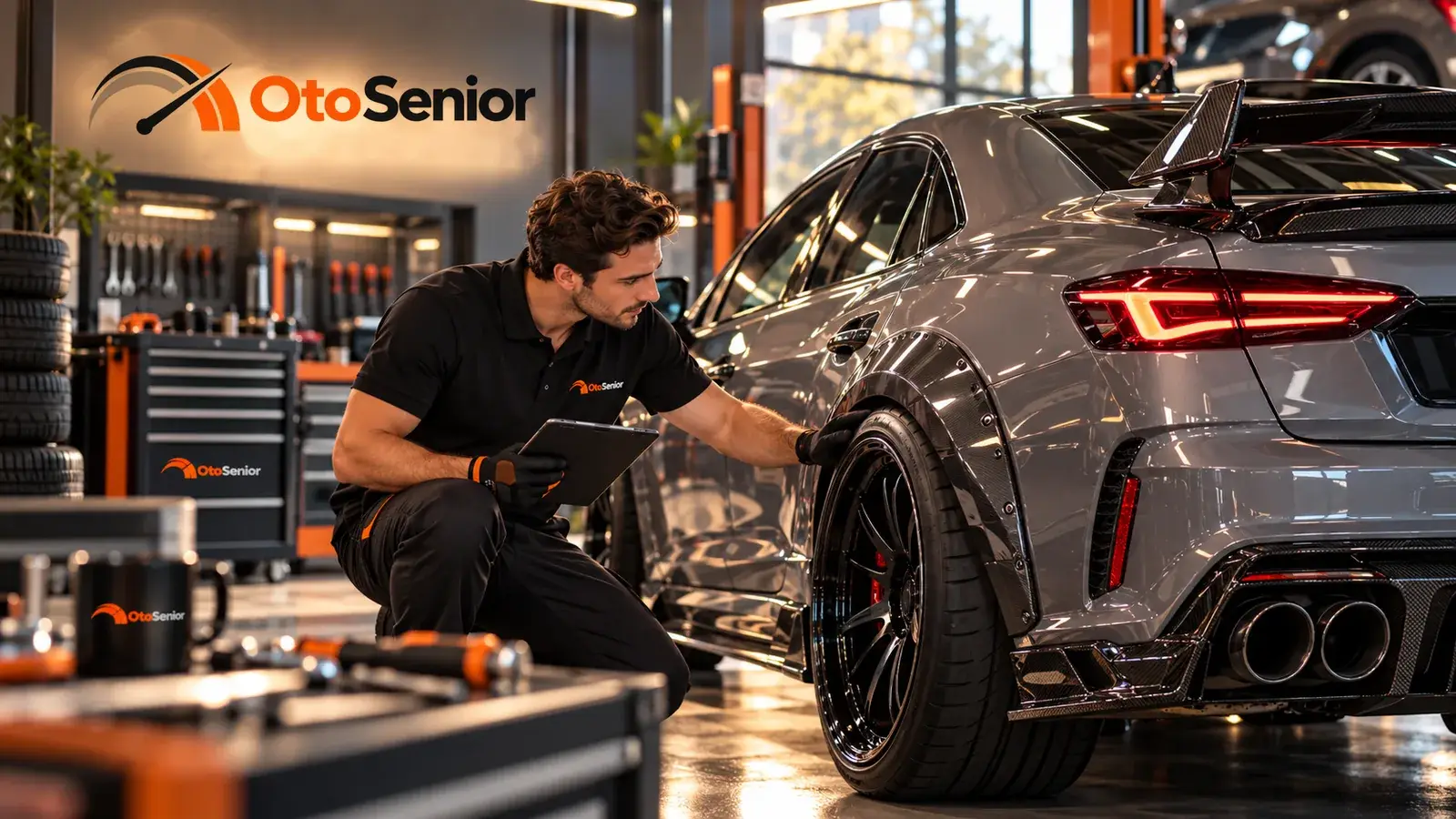 Atölyede geniş gövdeli, büyük kanatlı modifiyeli otomobilin jantını inceleyen teknisyen