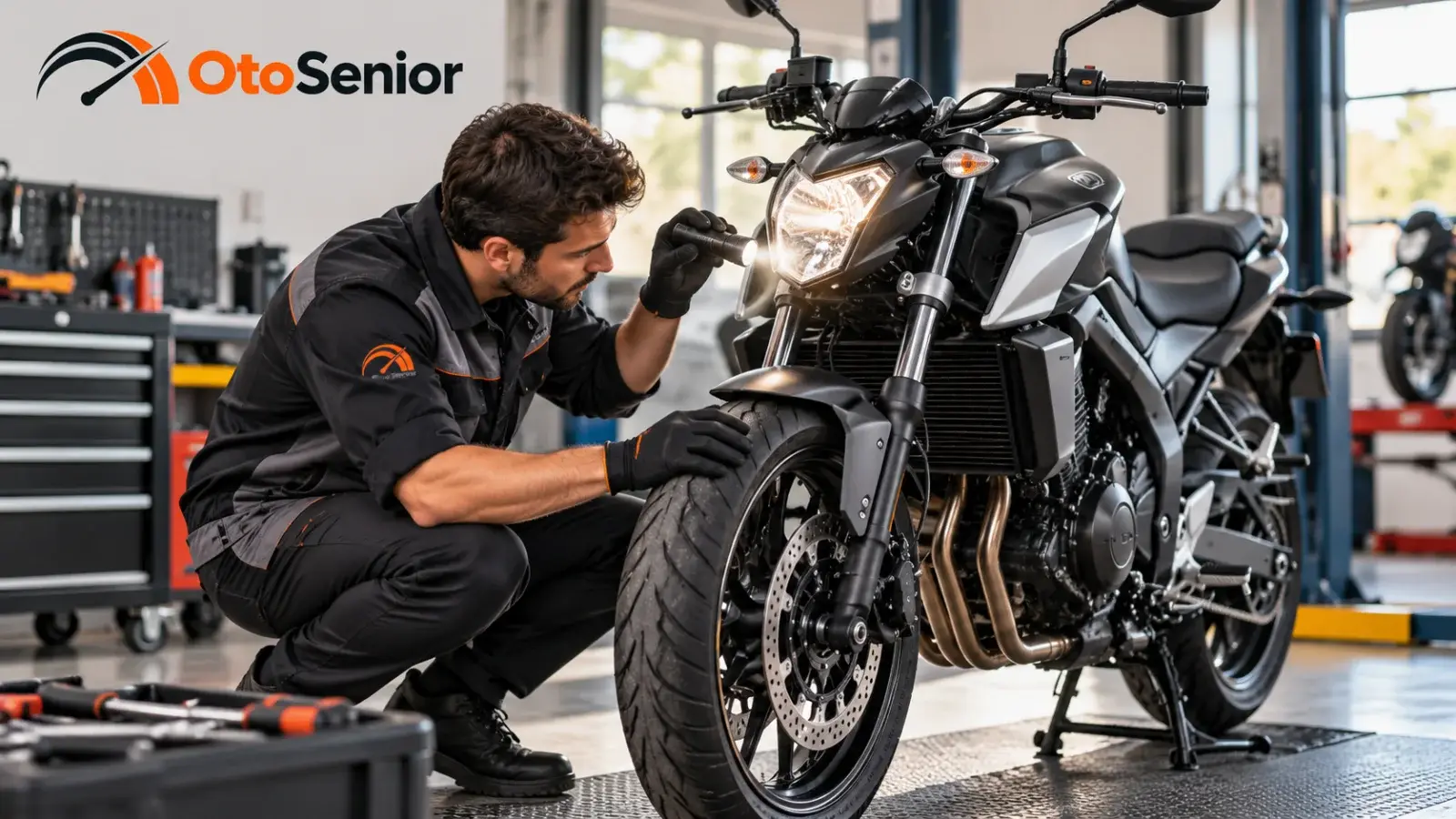 Serviste motosikleti kontrol eden teknisyen
