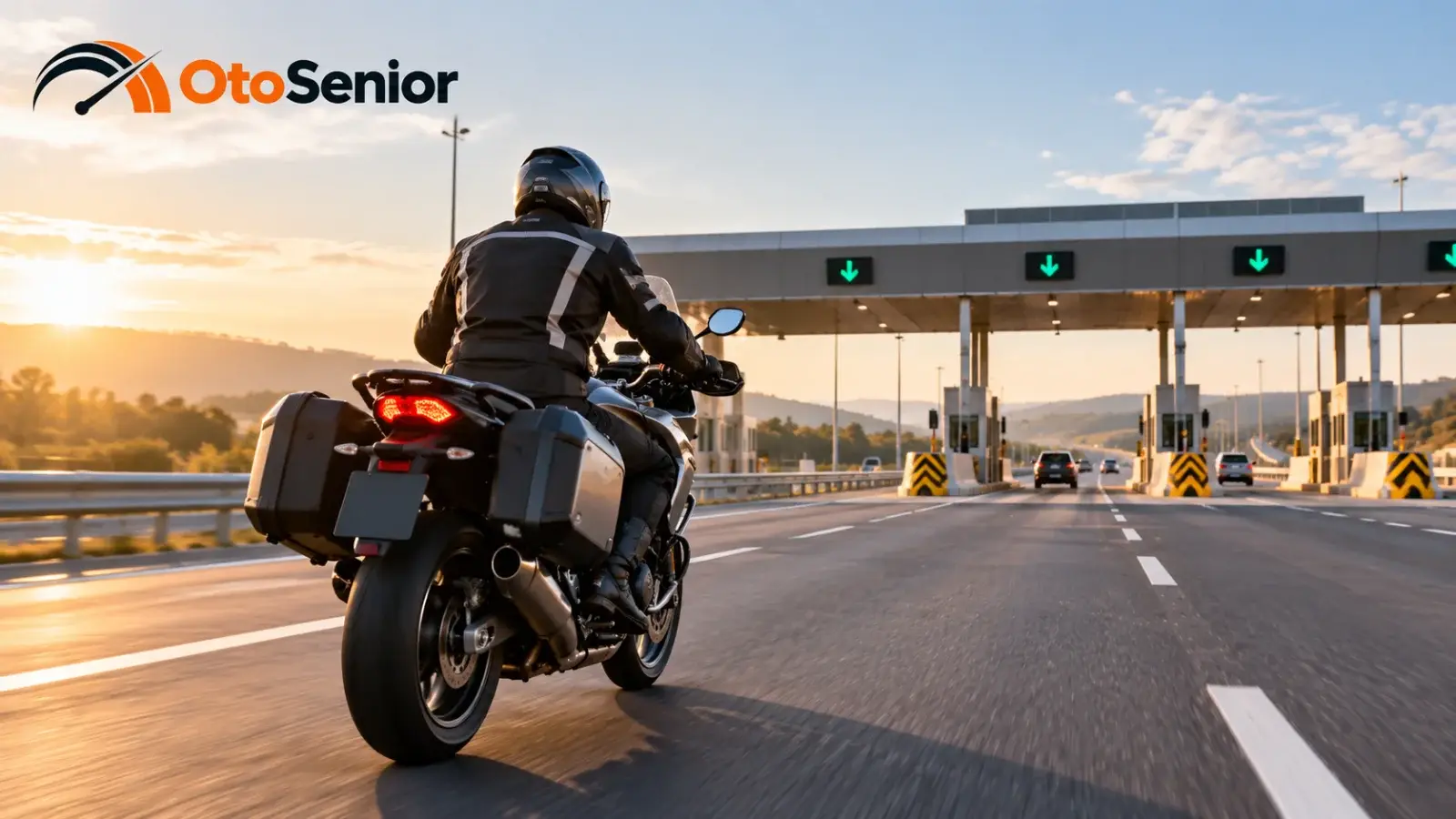 Gün batımında otoyol gişelerine yaklaşan tur motosikleti