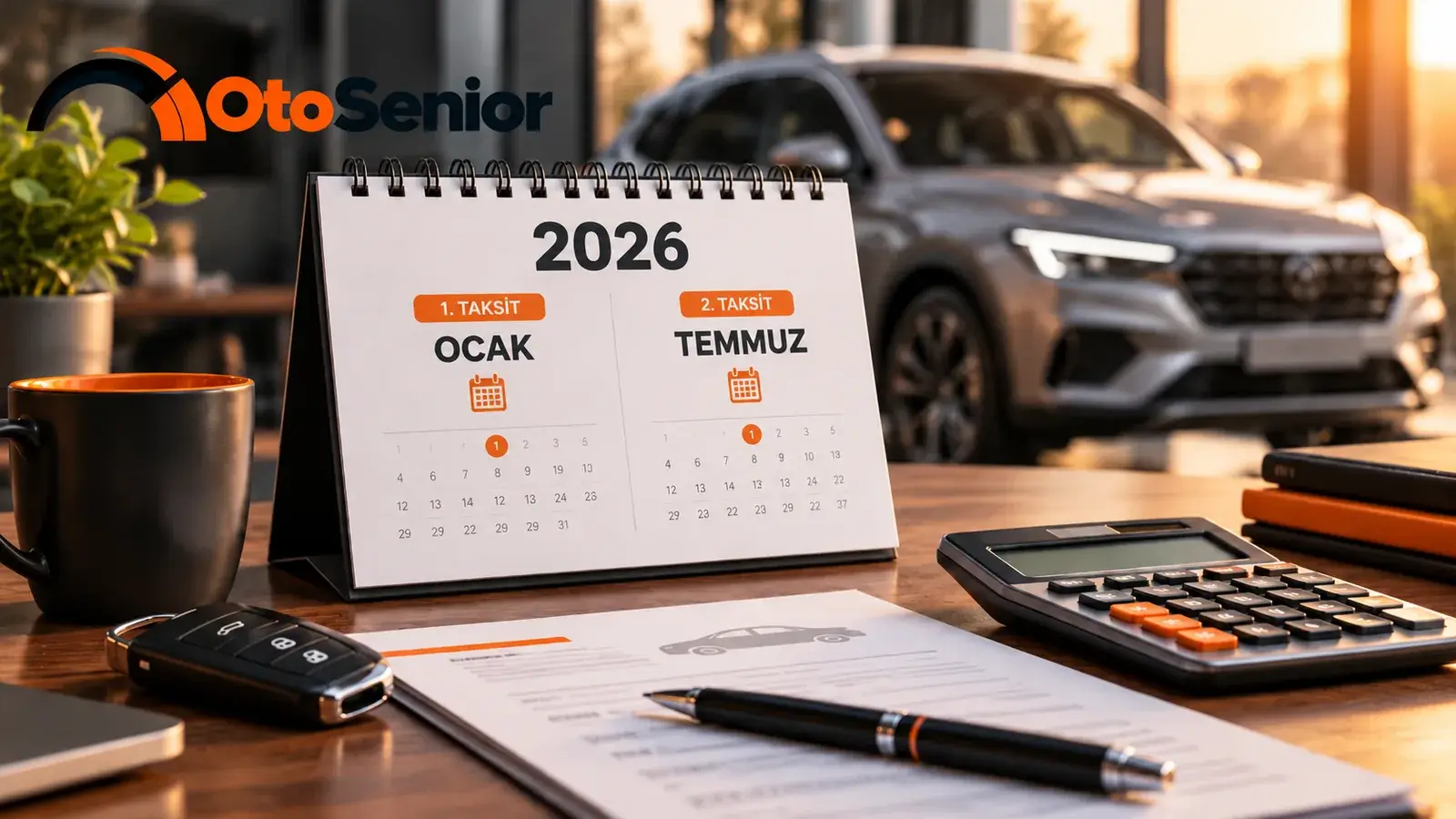Ocak ve temmuz taksitleri işaretli 2026 masa takvimi, yanında otomobil anahtarı ve hesap makinesi