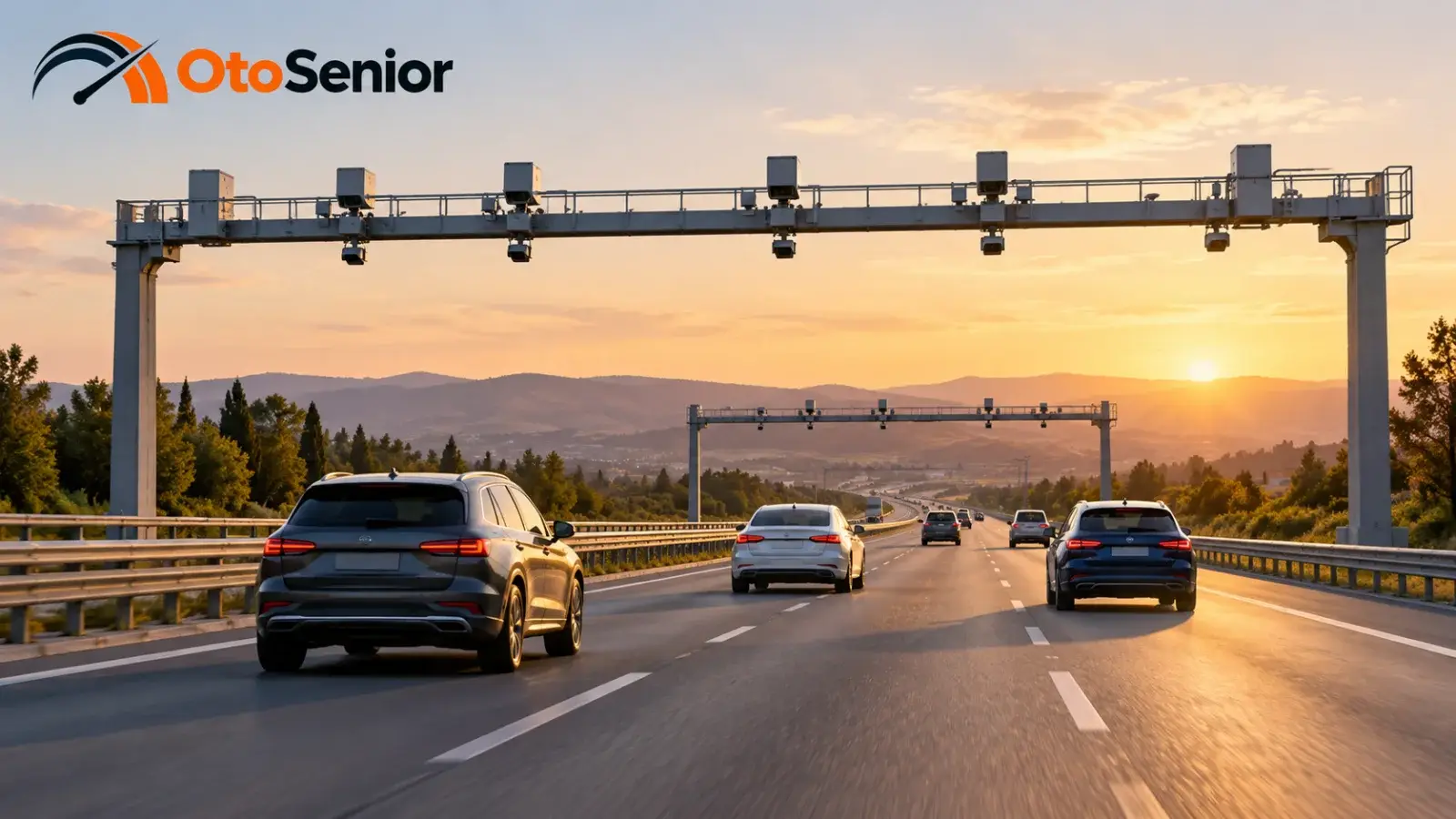 Gün batımında otoyol üzerindeki kamera portallarının altından geçen otomobiller