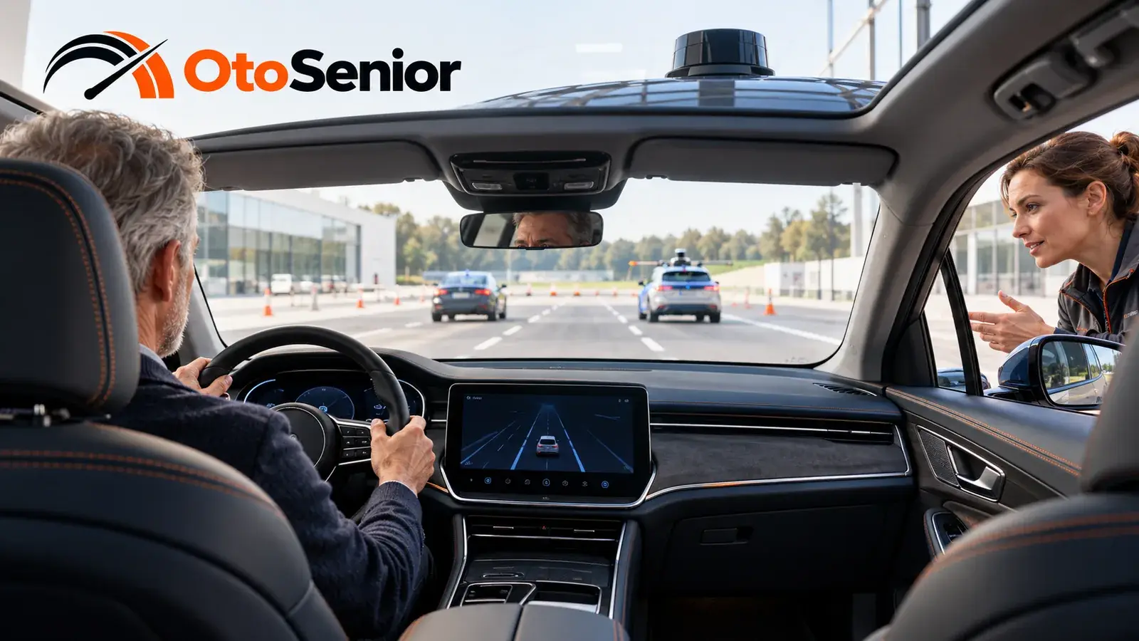 Test yolunda giden otomobilin içinden görünüm: direksiyondaki sürücü, orta ekranda yol görüntüsü ve camdan konuşan bir mühendis