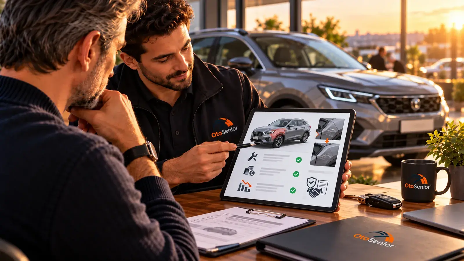 Tablette hasarlı otomobilin değerlendirme ekranını gösteren danışman ve arkada park hâlinde otomobil