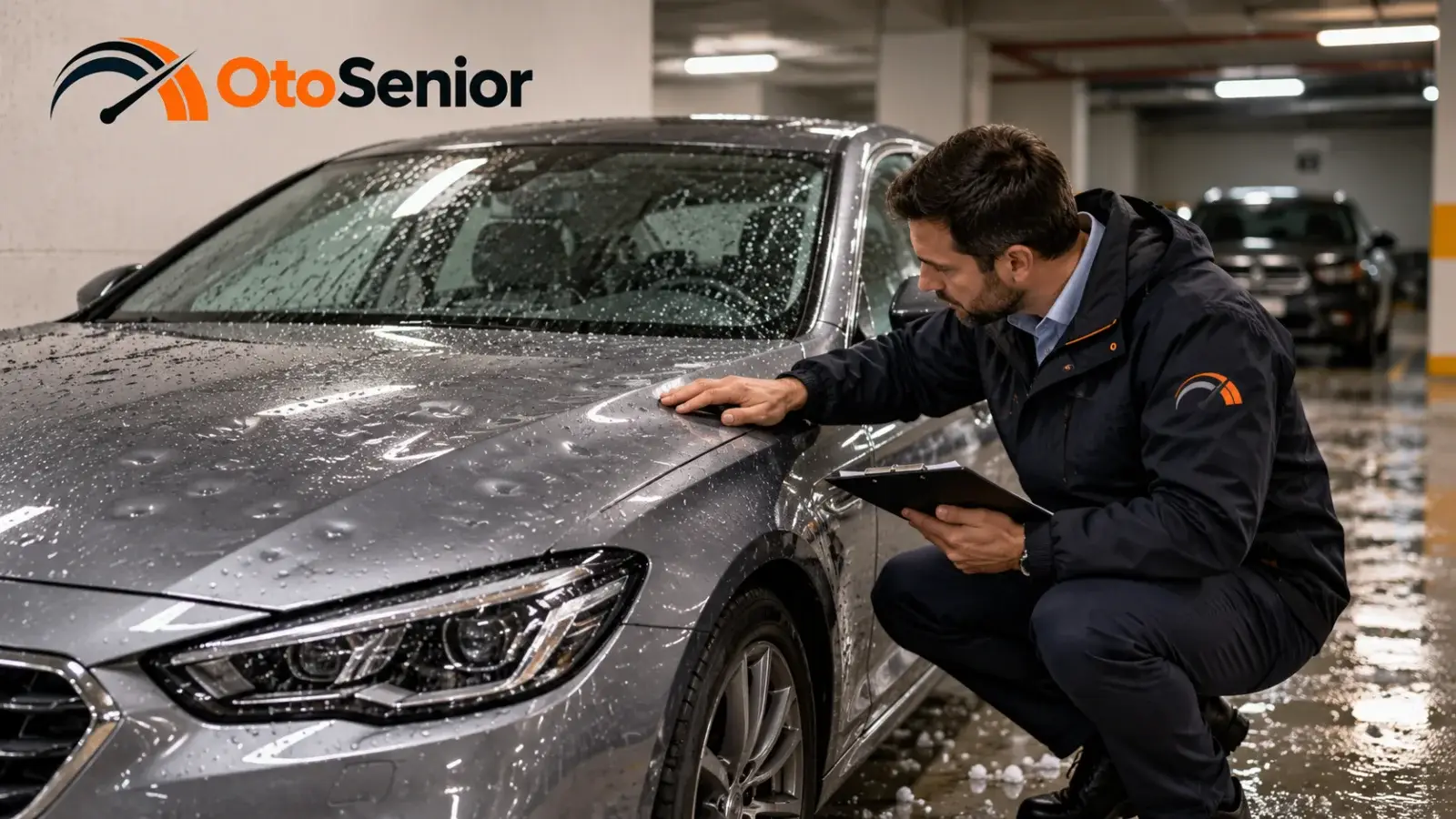 Kapalı otoparkta ıslak otomobilin kaputundaki hasarı tabletle kaydeden eksper
