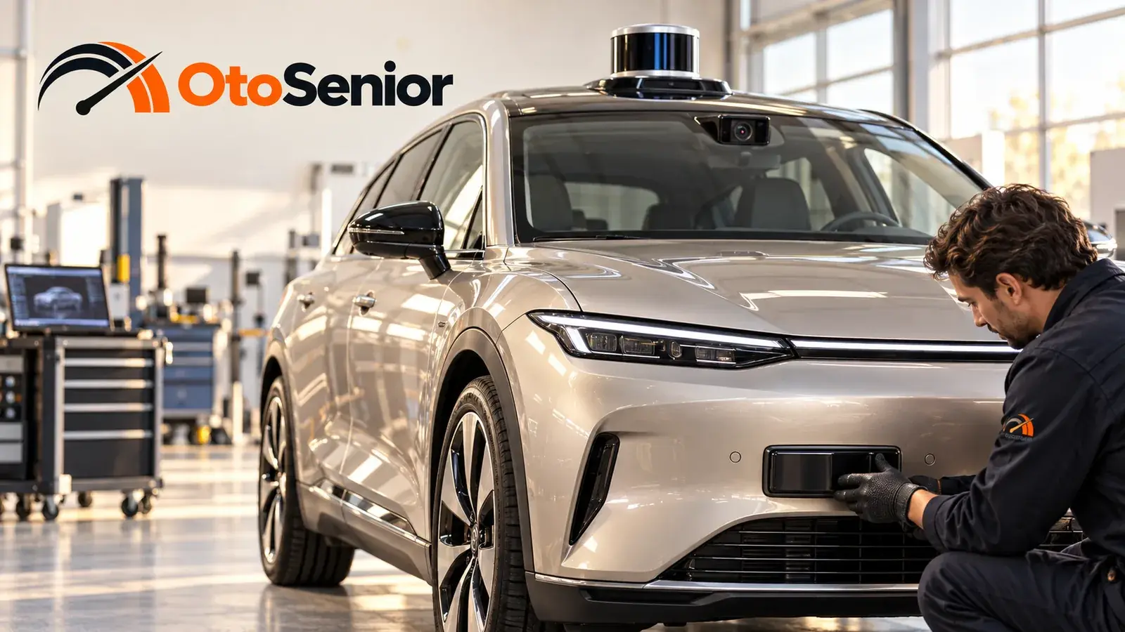 Atölyede tavanında lidar bulunan şampanya renkli otomobilin ön tampon sensörünü kontrol eden teknisyen