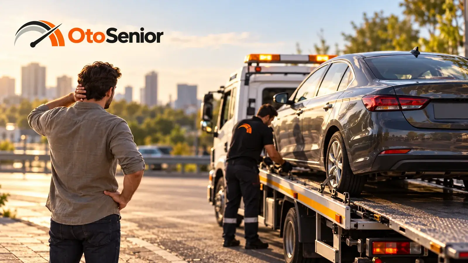 Çekiciye yüklenen otomobile bakan araç sahibi