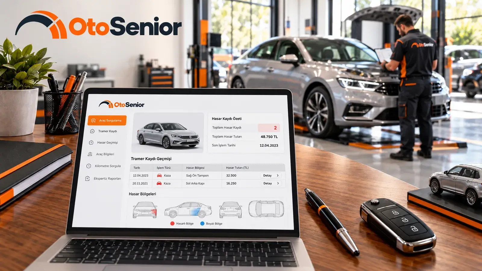 Dizüstü bilgisayarda aracın hasar kaydı sorgu sonucu, arkada servis liftindeki otomobil