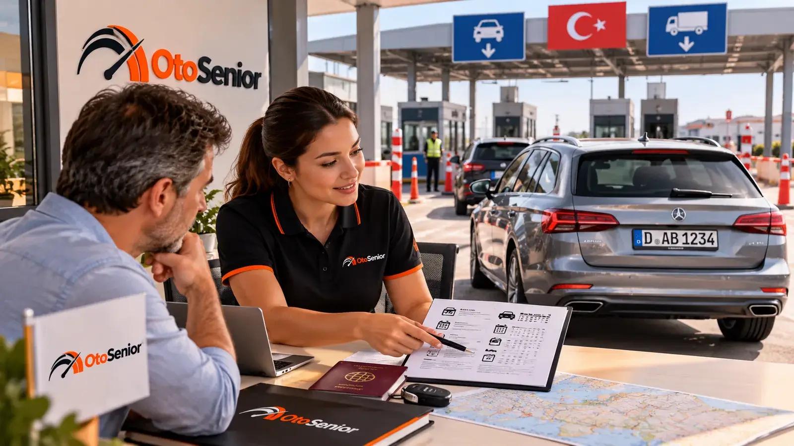 Sınır kapısında yabancı plakalı otomobil, masada pasaport, harita ve takvimli belge